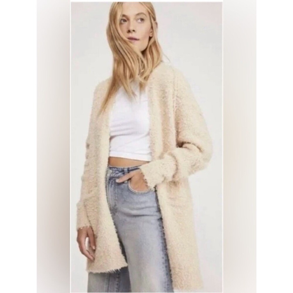 Free People Once In A Lifetime Cardigan Ivory S Shaggy Wool Blend Long Open Boho - Picture 5 of 14